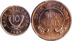 UGANDA

UGANDA. 10 Cents, 1968. PCGS PROOF-65 Red Brown Gold Shield.

KM-2. Exceeded by just three red specimens in the PCGS census, this alluring...
