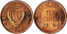 UGANDA

UGANDA. 10 Cents, 1975. PCGS SPECIMEN-65 Red Gold Shield.

KM-2. The last year of issue for the type, this captivating Gem presents full r...