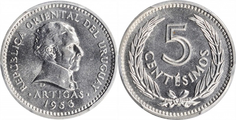 URUGUAY

URUGUAY. 5 Centesimos, 1953. Llantrisant Mint. PCGS SPECIMEN-64 Gold ...