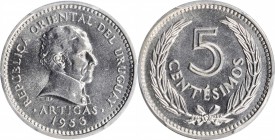 URUGUAY

URUGUAY. 5 Centesimos, 1953. Llantrisant Mint. PCGS SPECIMEN-64 Gold Shield.

KM-34. An alluringly vibrant and shimmering one-year type, ...
