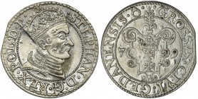 Stephen Batory, Groschen Danzig 1579
Moneta z zachowanym połyskiem menniczym.
Odmiana z kropką na awersie kończącą napis. Na rewersie znak pierścień, ...