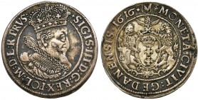 Sigismund III Vasa, 1/4 Thaler Danzig 1616
Moneta w ciemnej patynie. Portret z szeroką kryzą rurkowatą,&nbsp;na awersie PRVS dwukropek i rozeta kończą...