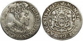 Sigismund III Vasa, 1/4 Thaler Danzig 1617
Odmiana z dwukropkiem i gwiazdką na końcu napisu na awersie, na rewersie pod herbami malutkie litery SA. Re...