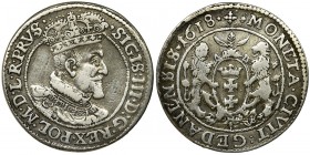 Sigismund III Vasa, 1/4 Thaler Danzig 1618
Odmiana z krzyżykiem i dużymi literami SB, kropka kończy napis w otoku na awersie. Reference: Shatalin-Gren...