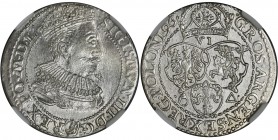 Sigismund III Vasa, 6 Groschen Marienburg 1596 - NGC MS62
Odmiana z małym popiersiem króla. Na rewersie znak pierścień dzierżawcy mennicy Kaspra Goebl...