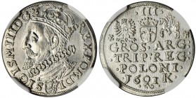 Sigismund III Vasa, 3 Groschen Krakau 1601 - NGC MS62
Odmiana z głową króla w lewo, pod popiersiem herb lewart Jana Firleja.
Drugi rocznik trojaków kr...