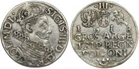 Sigismund III Vasa, 3 Groschen Krakau 1618 - SIGIS
Bardzo ładny egzemplarz z połyskiem. Ostry detal. Tło lekko przetarte.
Odmiana z tytulaturą króla S...