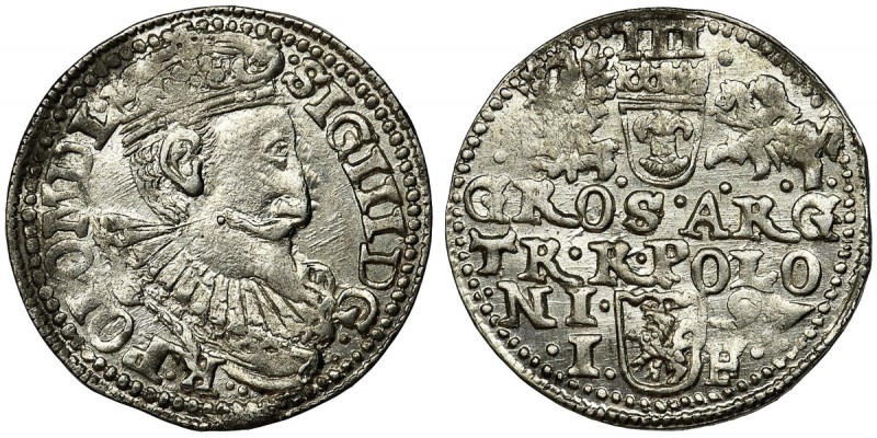 Sigismund III Vasa, 3 Groschen Olkusz 1597
Korona z wąskim rondem, wchodząca na ...