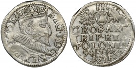 Sigismund III Vasa, 3 Groschen Posen 1594
Odmiana z wydłużoną twarzą króla. Korona z lilią w obwódce. Na rewersie POLONIA. Na rewersie obok herbu Lewa...
