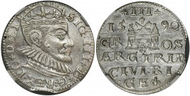 Sigismund III Vasa, 3 Groschen Riga 1590 - NGC MS62 - RARE
Rzadka i poszukiwana odmiana trojaka ryskiego z dużą głową króla, w koronie z rozetą i trój...