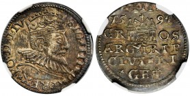 Sigismund III Vasa, 3 Groschen Riga 1591 - LIV - NGC MS62 - LIV
Odmiana z LIV kończącym napis otokowy, korona z rozetą bez obwódki.
Moneta w ciemnej p...