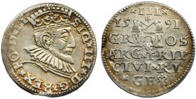 Sigismund III Vasa, 3 Groschen Riga 1591
Odmiana z LI kończącym napis otokowy, dwukropek pomiędzy D G. Reference: Iger R.91.1.d
Grade: XF