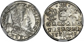 Sigismund III Vasa, 3 Groschen Vilinius 1597 - NGC MS62
Odmiana z herbem Chalecki, z głową wołu, znakiem mincmistrza menniczego Szymona Lidmana.
Wyśmi...