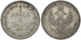 3/4 rouble = 5 zloty Warsaw 1837 MW
Tail of an eagle with 9 feathers and two berries after the fifth cluster of leaves. Nice piece.
Ogon orła z 9 piór...