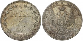 3/4 rouble = 5 zloty Warsaw 1839 MW
Wariant daty ze zgrubieniem cyfry 9 i z długim daszkiem cyfry 1.
Ogon orła z 9 piór.
Wzór wstążki 1834-1841. Refer...