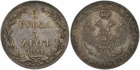 3/4 rouble = 5 zloty Warsaw 1841 MW
The last year of two-denomination five zloty in Warsaw.
Nice specimen with an old patina. Variety with a tail with...