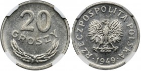 20 groszy 1949 Aluminium - NGC MS66
Menniczy egzemplarz pierwszego rocznika monet PRL, będącego najdłużej w obiegu.
Najwyższa nota w rejestrze NGC, ja...