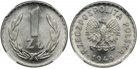 1 złoty 1949 Aluminium - NGC MS66
Menniczy egzemplarz pierwszego rocznika monet PRL, będącego najdłużej w obiegu.
Druga najwyższa nota w rejestrze NGC...