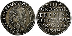 Prussia, Albrecht Hohenzollern, 3 Groschen Königsberg 1544 - RARE
Rzadszy wariant z popiersiem w wysokim kołnierzem, końcówka napisu PRVSS na awersie....