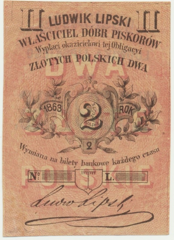 Piskorów, Ludwik Lipski, 2 złote 1863
Blankiet bez numeru.
Nazwa emitenta stempl...