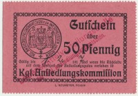 Poznań - Wszemborz - Królewska Komisja Osadnicza, 50 marek (1917)
Rzadki bon niemieckojęzyczny. Reference: Podczaski P-165.B.3b
Grade: AU