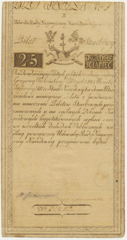 25 złotych 1794 - B - zw. Pieter de Vries & Comp
Banknot z napisowym fragmentem ...