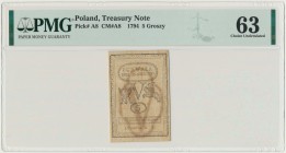 5 groszy 1794 - PMG 63
Emisyjny stan zachowania.
Znak chemiczny kontrastowy.&nbsp;
Centryczny druk.
Naturalny stan zachowania.&nbsp; Reference: Miłcza...