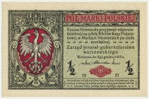1/2 marki 1916 Jenerał - A - numerator czerwony
Numerator koloru intensywnie czerwonego.&nbsp;
Emisyjnej świeżości banknot z pięknymi przetłoczeniami ...