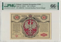 10 marek 1916 Generał biletów - PMG 66 EPQ
Odmiana ze słowem biletów pisana z małej litery i numeratorem typu 'Berlin IV'.&nbsp;
Banknot w pięknym, ni...