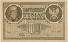 1.000 marek 1919 - I -
Odmiana wydrukowana na kremowym papierze ze znakiem wodnym plastry miodu.
Śladowe, zanikające ugięcie przez środek. Typowe dla ...