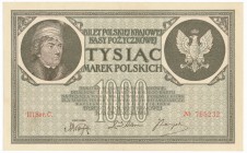 1.000 marek 1919 - III Ser. C -
Odmiana wydrukowana na gładkim, białym papierze ze znakiem wodnym 'Orły'.&nbsp;
Papier z śladami delikatnego oczyszcza...