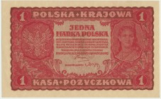 1 marka 1919 - I Serja A - rzadka
Rzadsza odmiana jednoliterowa z bardzo rzadką, pierwszą serią A.&nbsp;
Stan emisyjny. Reference: Miłczak 23a
Grade: ...