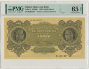 10.000 marek 1922 - B - PMG 65 EPQ
Piękny egzemplarz.&nbsp;
Banknot w stanie pełnej, emisyjnej świeżości. Rogi ostre, papier i barwy druku znakomicie ...