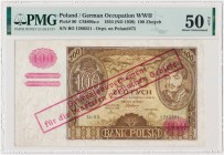 100 złotych 1934(9) - oryginalny przedruk okupacyjny - BO bez kropki - PMG 50 NET - rzadka odmiana
Przedruki okupacyjne to banknoty, które w stanach e...