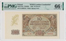10 złotych 1940 - N. - London Counterfeit - PMG 66 EPQ
Banknot z oznaczeniem od PMG 'London Counterfeit', rzadszej serii N. Na rynku przeważają egzemp...