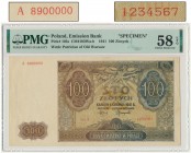 100 złotych 1941 WZÓR - A 8900000/A 1234567 - PMG 58 EPQ - DUŻA RZADKOŚĆ
Oferowany banknot to naszym zdaniem unikalny, pełnoprawny wzór emisji 1941.&n...