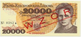 20.000 złotych 1989 - WZÓR - A 0000000 No.0382
Emisyjny stan zachowania. Reference: Miłczak 175Wa
Grade: UNC