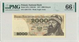 2.000 złotych 1977 - A - PMG 66 EPQ
Poszukiwana i ceniona pierwsza seria A.&nbsp;
Emisyjny stan zachowania doceniony wysoką notą przez PMG. Reference:...