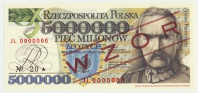 5 milionów złotych 1995 WZÓR - JL 0000000 - seria od Janusz Lucow
Wzór oficjalnej repliki banknotu niewprowadzonego do obiegu.&nbsp;
Nisko nakładowy e...