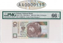 10 złotych 1994 - AA 0000115 - PMG 66 EPQ
Kompletny banknot.&nbsp;
Pierwsza seria, pierwszego rocznika z bardzo niskim i powszechnie cenionym trzycyfr...