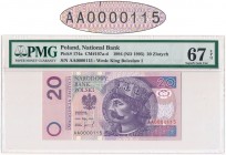 20 złotych 1994 - AA 0000115 - PMG 67 EPQ - niski numer
Kompletny banknot.&nbsp;
Pierwsza seria, pierwszego rocznika z bardzo niskim i powszechnie cen...