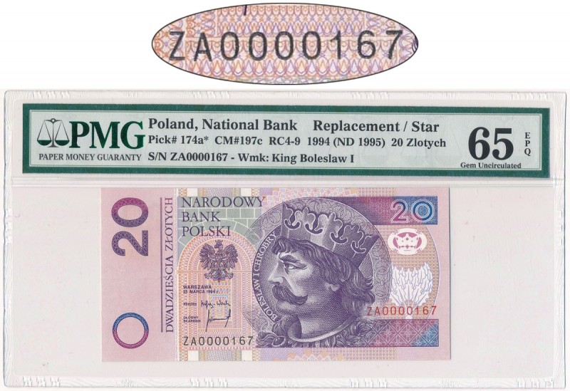20 złotych 1994 - ZA 0000167 - PMG 65 EPQ - seria zastępcza i bardzo niski numer...