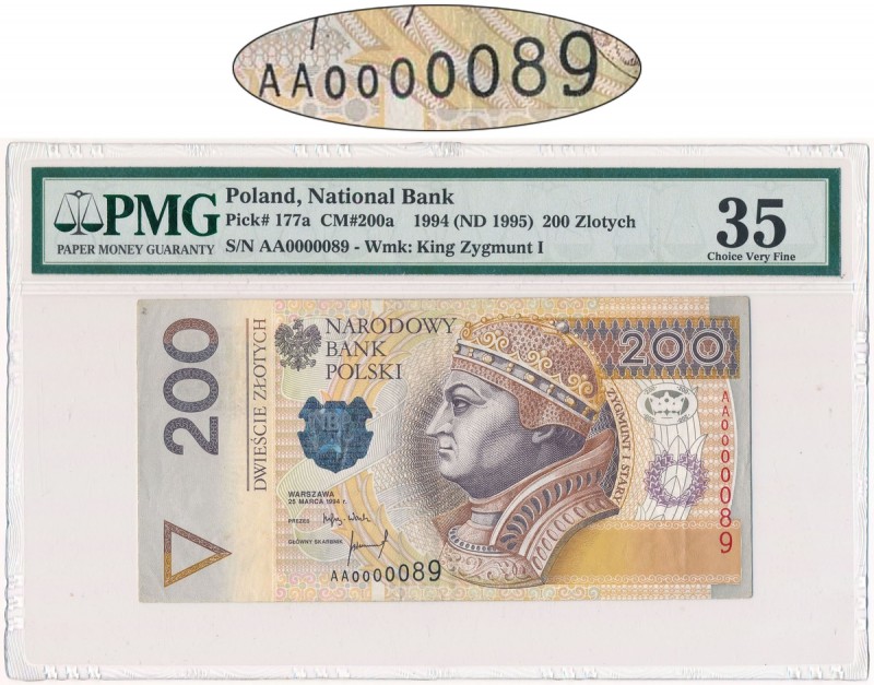 200 złotych 1994 - AA 0000089 - PMG 35 - banknot z pierwszej paczki
Pierwsza ser...