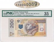 200 złotych 1994 - AA 0000089 - PMG 35 - banknot z pierwszej paczki
Pierwsza seria, pierwszego rocznika.
Ekstremalnie niski dwucyfrowy numer seryjny. ...