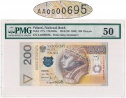 200 złotych 1994 - AA 0000695 - PMG 50 - bardzo niski numer
Pierwsza seria, pierwszego rocznika.
Niski numer trzycyfrowy.
Stan nieznacznie naznaczony ...