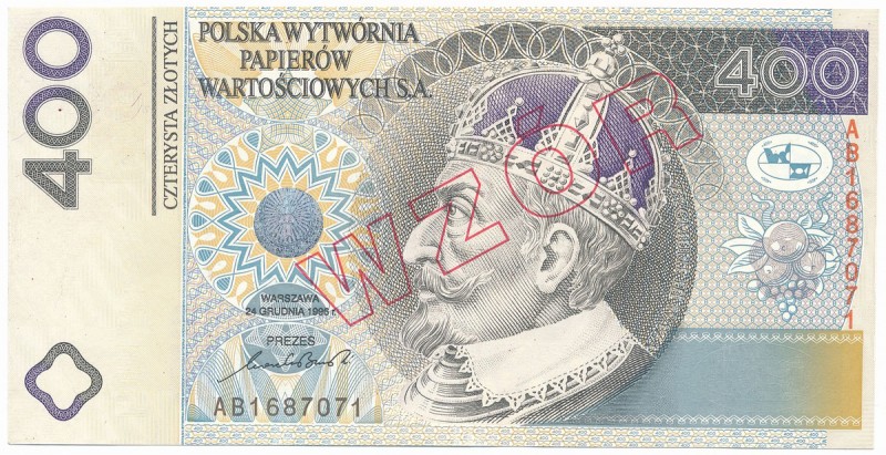 PWPW, 400 złotych 1996 - AB - WZÓR na awersie -
Wysokiej jakości banknot testowy...