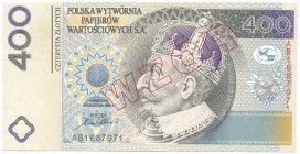 PWPW, 400 złotych 1996 - AB - WZÓR na awersie -
Wysokiej jakości banknot testowy PWPW w szacie graficznej nawiązującej do banknotów III RP.&nbsp;
Wari...