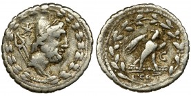 Roman Republic, Aurelius Cotta, Denarius serratus
Rare variant of the Aurelius Cotta denarius with the letter C next to the eagle, on the reverse.
Rom...