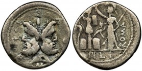 Roman Republic, Furius Philus, Denarius
Roman Republic
L. Furius Philus (121 BC), Denarius 121 BC, Rome mint Obverse: aureate head of Janus
M•FOVRI•L•...