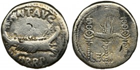 Roman Republic, Marc Antony, Denarius
Legionary issue.
Roman Republic
Mark Antony (32-31 BC), Denarius 32-31 BC, Patrae mint (?)
Obverse: Praetorian g...